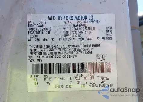 2012 Ford Escape Xlt from USA, damaged, VIN 1FMCU9D72CKC78478
